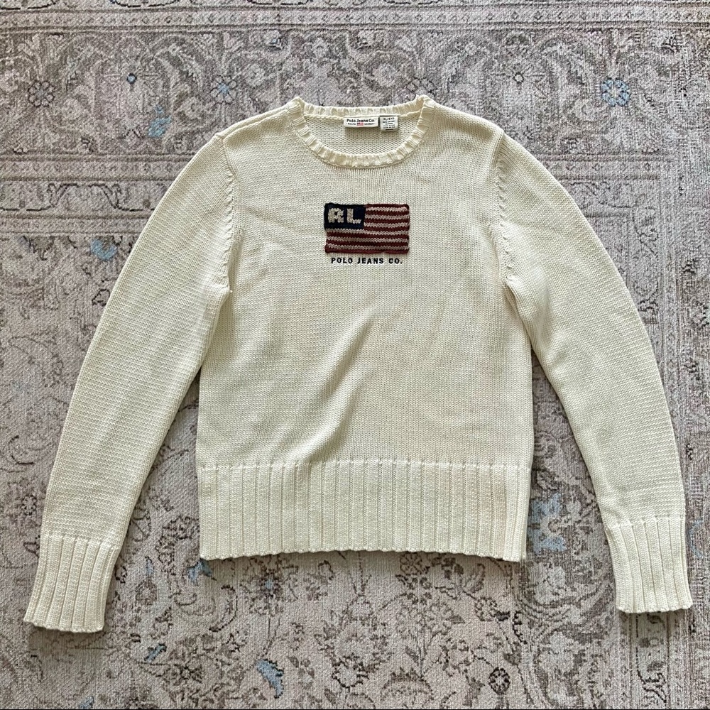 Vintage 90s Polo Ralph Lauren American Flag Cable Knit Sweater Women’s Cream